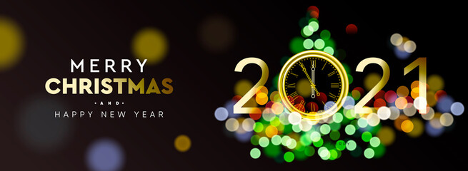 2021 New Year. Christmas tree sparkle blur bokeh effect horizontal background. Text Merry Christmas. Vector illustration for web banners invitation poster