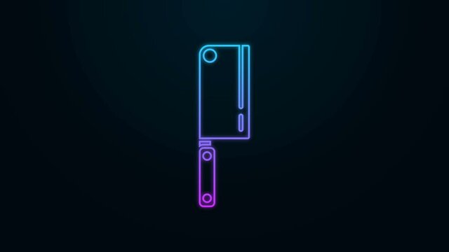Glowing neon line Meat chopper icon isolated on black background. Kitchen knife for meat. Butcher knife. 4K Video motion graphic animation