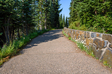 Wide aggregate walking path at Mt Rainier with stone wall evergreen trees, and blue sky
