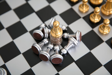 Chess golden war pawns standing on dollar coins surrounded by a group of silver war pawns