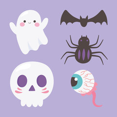 happy halloween ghost skull spider creepy eye and bat icons