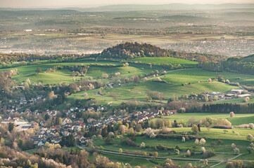 Blühende Bäume in hügeliger Landschaft