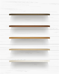 Wooden shelf on white wooden wall background with soft shadow. Vector.