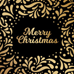 Merry Christmas frame. Xmas vector emblem, vignette. The inscription in square frame with golden pattern and ornament. Retro style. Merry Christmas greeting logo. Xmas decoration in black, gold colors
