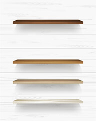 Wooden shelf on white wooden wall background with soft shadow. Vector.