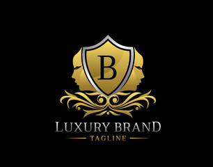 Royal Beauty Logo With B Letter. Elegant Gold Shield badge With Beauty Face Shape perfect for salon, spa, cosmetic, Boutique, Jewelry.