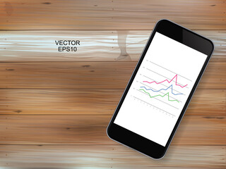 Abstract smartphone and investment graph in display screen over wood texture. Vector.