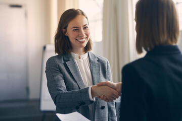 Smiling female CEO boss shaking hand with businesswoman in the office building  - 381801160