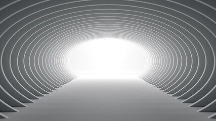 Futuristic elliptical white tunnel with light at the end 3D Illustration