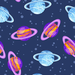 Saturn and Uranus abstract seamless space pattern background with planets with rings. Solar system planets children wallpaper texture tile. Vector stock image © Olga
