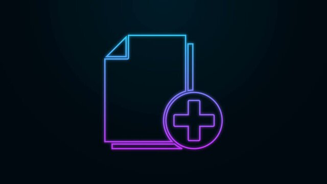 Glowing neon line Add new file icon isolated on black background. Copy document icon. 4K Video motion graphic animation