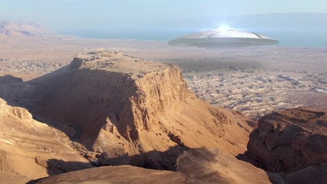 Large alien ufo saucer over sea and desert mountains-Aerial
Drone view over Masada close to dead sea in Israel, Live footage with visual effect elements,4K
