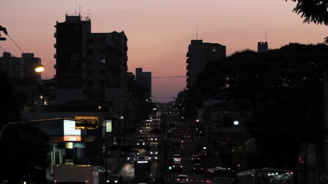 City view, sunset, traffic jam