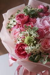 Pink flowers bouquet of roses, hydrangea, green eucalyptus leaves
