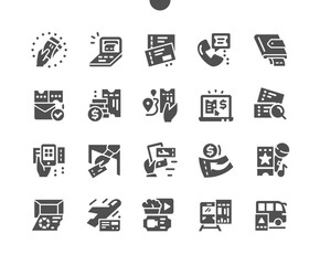 Concert ticket, invitation, show, party ticket, coupon, cinema tickets, entry. Online service to buy ticket. Music event concert ticket. Vector Solid Icons. Simple Pictogram