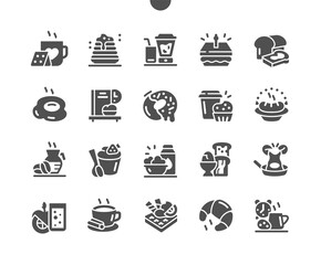 Healthy breakfast. Coffee, tea, croissants, jam, egg, pancakes, muffins and oatmeal. Good morning. Menu for restaurant and cafe. Vector Solid Icons. Simple Pictogram