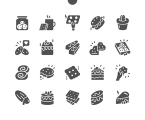 Cakes and cookies. Confectionery. Bakery food. Chocolate chip cookies. Menu for restaurant and cafe. Vector Solid Icons. Simple Pictogram