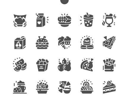 Kids meals. Delicious hamburger, pizza, juice, corn, sandwich for kids party. Kid's menu for restaurant and cafe. Vector Solid Icons. Simple Pictogram