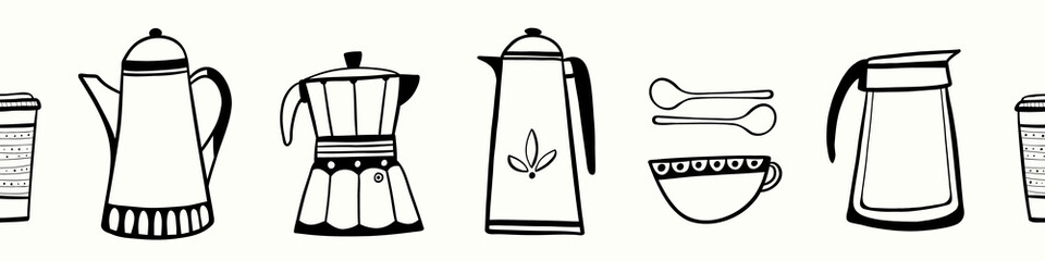 Coffee and kitchen vector illustration border design. Fun black outline seamless repeat banner.