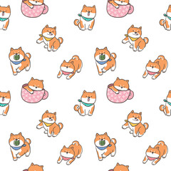 Seamless Pattern with Cute Cartoon Shiba Inu Dog Design on White Background