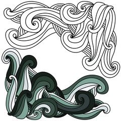 A set of two doodle corners of curls and arcs in two versions - in shades of gray and contour, decorative elements with smooth transitions, vector outline illustration for design and creativity