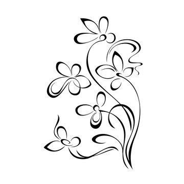 ornament 1311. decorative element with stylized flowers on stems and swirls in black lines on a white background