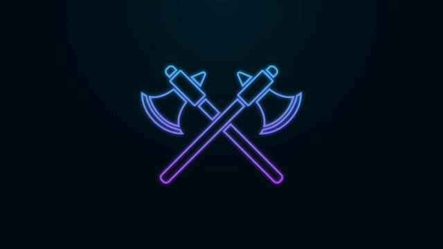 Glowing neon line Crossed medieval axes icon isolated on black background. Battle axe, executioner axe. 4K Video motion graphic animation