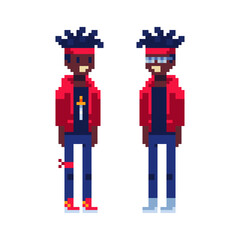 Pixel art african american guy character. Fashion man, pixel art style vector illustration. Afro hairstyle. Design of 80s. Game assets. 8-bit. Isolated abstract vector illustration. Video game sprite.