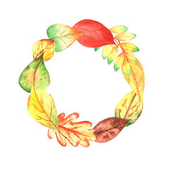 Autumn wreath of leaves hand drawn. Watercolor illustration for design and background.  Autumn decor