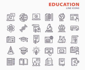 Education line icons set. Included icons as training, laptop, learn online, webinar, college and more.