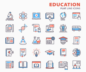 Education flat icons set. Included icons as training, laptop, learn online, webinar, knowledge and more.
