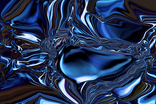Patrón de fondo azul y blanco con textura de metal en ondas. Ilustración abstracta de un fondo de acero con formas onduladas en tonos brillantes y reflejos metálicos. Líneas curvas abstractas.