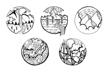 lack round mountain river temporary tattoo stickers. Hand dwaning.  vector illustration collection, eps 10