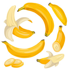 Set of various cartoon bananas. Whole, ripe, banana slices. A tropical juicy treat. Vector flat object for menus, recipes, postcards and your creativity.