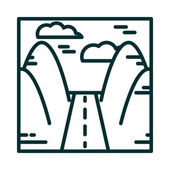 landscape road valley mountains sky clouds nature cartoon line icon style