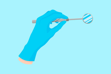 Vector cartoon hand of a dentist in a blue glove that hold a dental instrument: metal mirror for dental examination