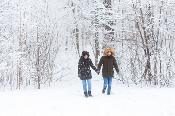 Fototapeta na wymiar Young couple walking in a snowy park. Winter season.