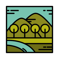 Obraz premium landscape forest trees mountains river field scene nature line and fill style