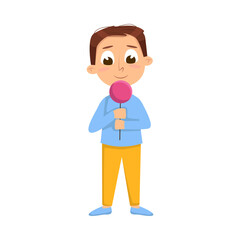 Cute Boy Licking Candy on Stick, Kid Enjoying of Eating Lollipop Dessert Cartoon Style Vector Illustration
