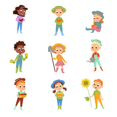 Cute Children Working on Farm Set, Boys and Girls Farmers Characters with Gardening Tools Cartoon Style Vector Illustration