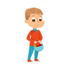 Cute Boy Holding Basket of Ripe Apples, Little Kid Farmer Character Working in Garden Cartoon Style Vector Illustration