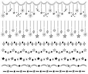 手書きの星や光のキラキラ罫線・装飾セット　黒の線画