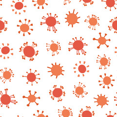 Vector seamless pattern with coronaviruses in hand drawn flat style on white background. Red color. Pandemic, medicine and illness theme.