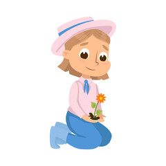 Cute Girl Planting Seedling of Flower, Little Kid Farmer Character Working in Garden Cartoon Style Vector Illustration