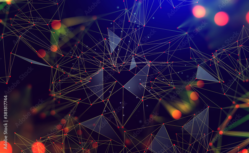 Poster Internet technologies and neural network. 3D illustration of neural connections in artificial intelligence. Big data array and global databases. Abstract, hi-tech with polygonal mesh elements