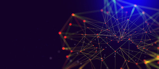 Global network 3D illustration. Visualization of neural connections in artificial intelligence. Abstract, high tech, full color background with polygonal mesh elements © Siarhei