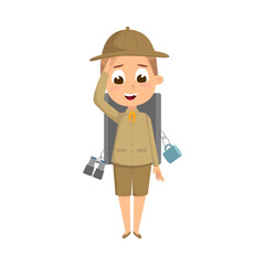 Scout Boy with Backpack and Binoculars, Cute Scouting Elementary School Child Character in Uniform, Summer Holiday Activities Concept Cartoon Style Vector Illustration