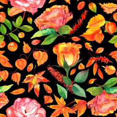 Fototapeta na wymiar Seamless pattern with watercolor autumn leaves and flowers, on a black background