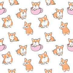 Seamless Pattern with Cute Cartoon Corgi Dog Illustration Design on White Background
