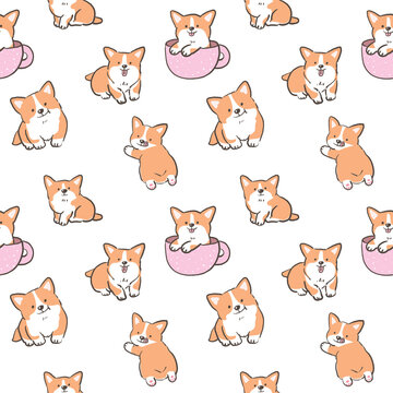 Seamless Pattern with Cute Cartoon Corgi Dog Illustration Design on White Background